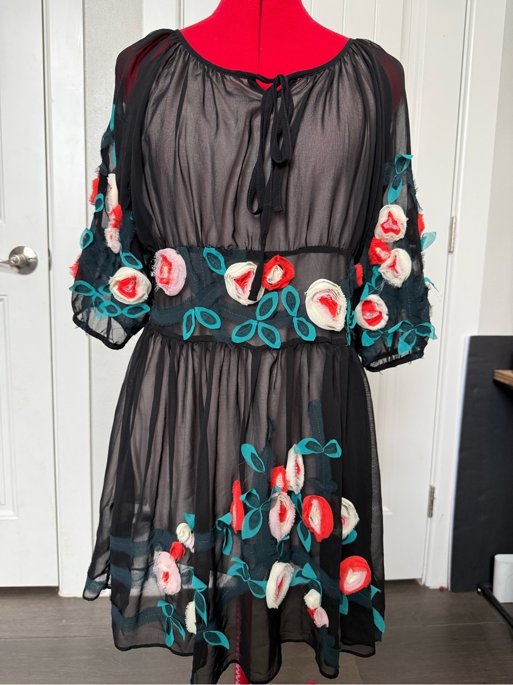 Urban Mango Semi Sheer Black 3D Floral Appliqué Mini Dress Sz L